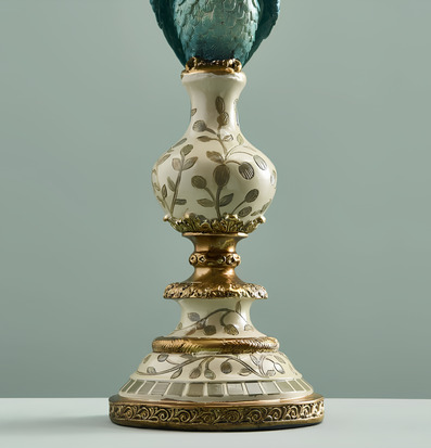 Foto: Dekorativ ljusstake med turkos papegoja, guld