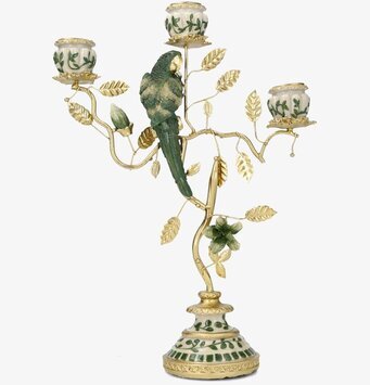 Foto: Grön och guld ljusstake med fågel och blad