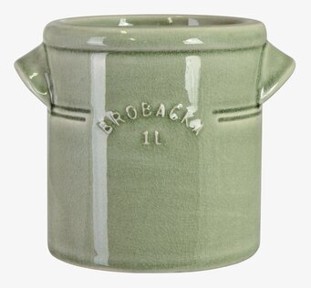 Foto: Ljusgrönt keramikkrus 1 liter med relieftext