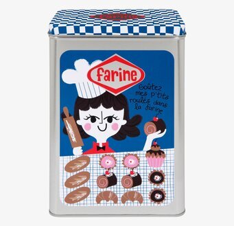 Bild av rektangulär plåtburk med retroinspirerat motiv