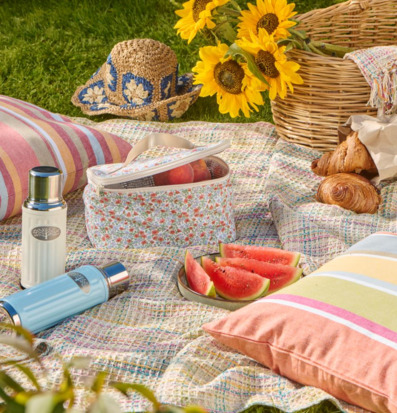 Foto: Picknick på filt med kylväska, termos, frukt
