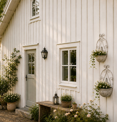 Foto av väggampel på ljus träfasad i trädgårdsmiljö