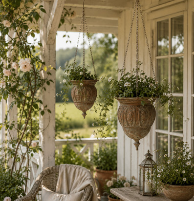 Foto på veranda med hängande ampelkrukor i sommar