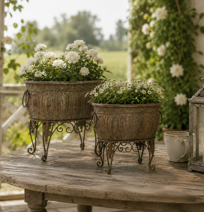 Foto: Rostiga planteringskärl med blommor på bord