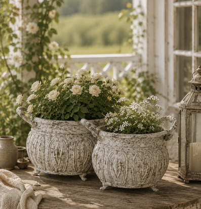 Foto: Patinerade utekrukor med rosor på veranda