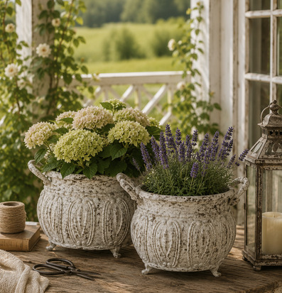 Foto: Rustika krukor med hortensia och lavendel