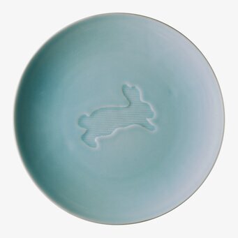 Bild av turkos barnvänlig keramiktallrik med kanindesign