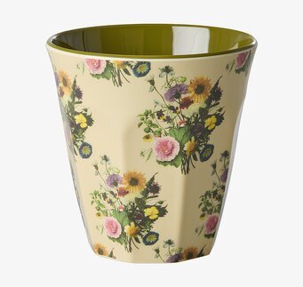 Foto av melaminmugg med retro blommönster, grön insida