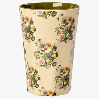 Foto: Melaminmugg med retro blombuketter, olivgrön insida