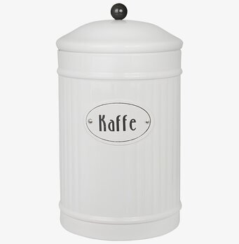 Foto på vit plåtburk för kaffe med svart knopplock