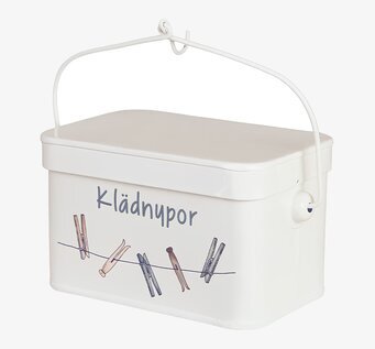 Foto vit plåtburk med lock och handtag, klädnypor motiv