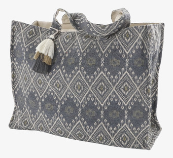 Foto: Blågrå jacquard tygväska med tofs, frilagd