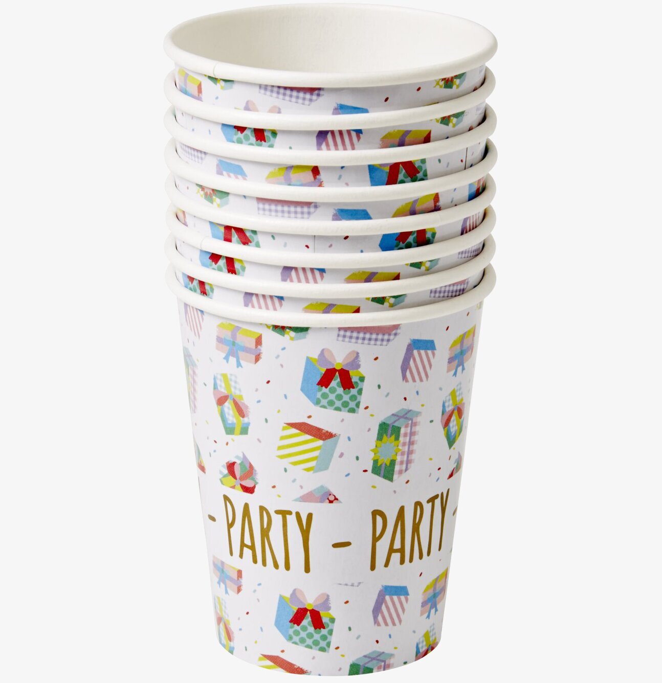 Birthday Paper Cups från Rice med färgglada presentmönster