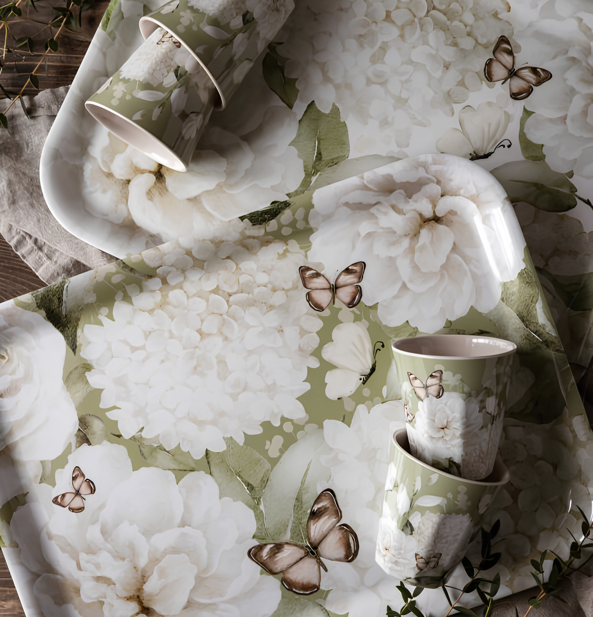 Bricka Hortensia & Butterflies Grön - Majas Cottage Vit Serveringsbrickor Brickset Serveringsfat