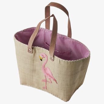 Bild av shoppingväska med flamingo och läderhandtag