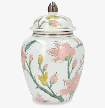 Foto: Glaserad urna med lock och handmålad blomdekor