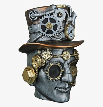 Foto steampunk byst i profil med hatt, kugghjul, rör