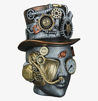 Foto: Steampunk-byst i silver med kugghjul och monokel