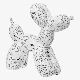 Bild: Vit ballonghund med svart line art-mönster