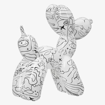 Foto: Vit ballonghundfigur med svart line art-mönster