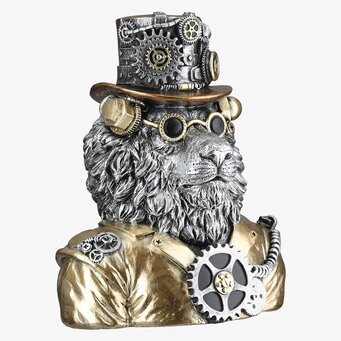 Foto: Steampunk lejonbyst i silver och guld vit bakgrund