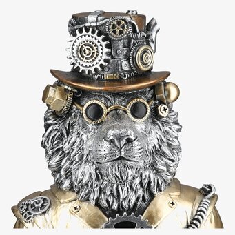 Foto: Steampunk-lejonbyst i silver och guldmetallfinish