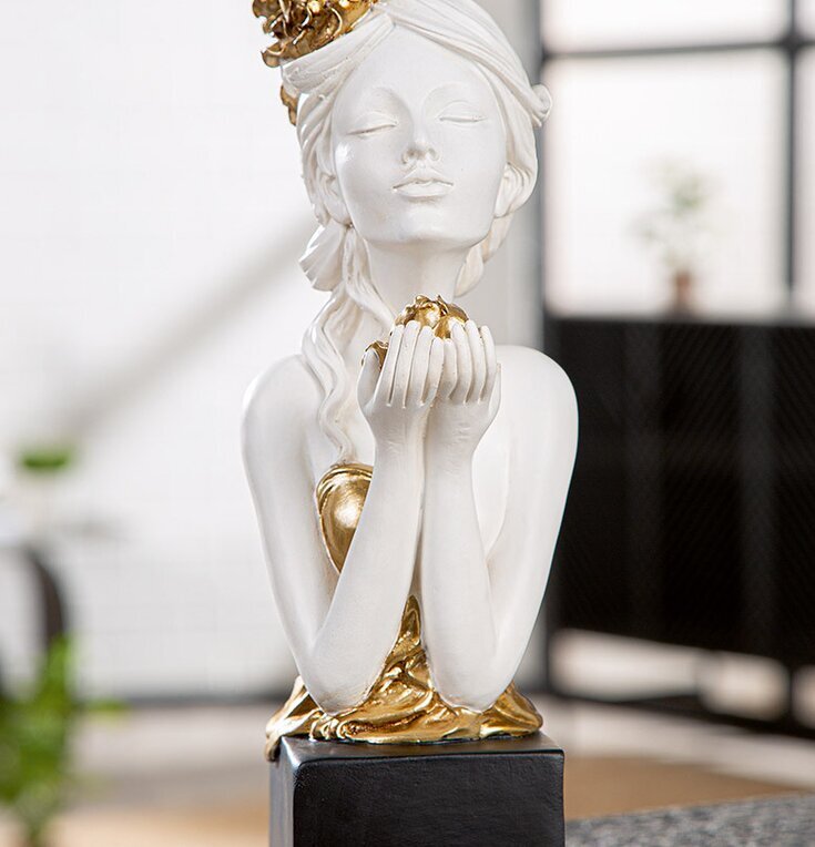 Skulptur Kvinna Med Rosor Vit Guld Gilde Statyer, statyetter, figuriner för inomhusbruk eller altaner Ballerinor