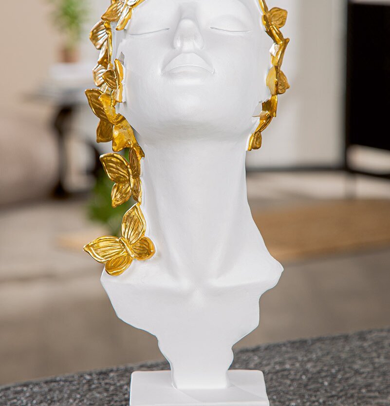 Skulptur Kvinnoansikte Med Fjärilar Vit Guld Gilde Statyer, statyetter, figuriner för inomhusbruk eller altaner Ballerinor