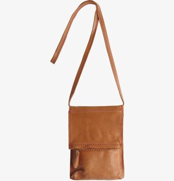 Bild av rustik halsväska i brunt läder med rosa sömmar