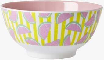 Bild av färgglad skål med fruktmönster och rosa insida