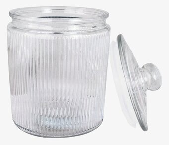 Foto: Transparent räfflad glasburk med lock på vit bakgrund