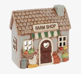 Foto av keramisk huslykta med farm shop-motiv, djur
