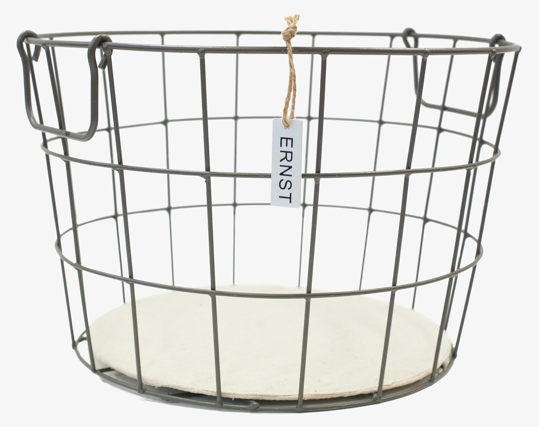 Bild av rund metallkorg med handtag och nätstruktur