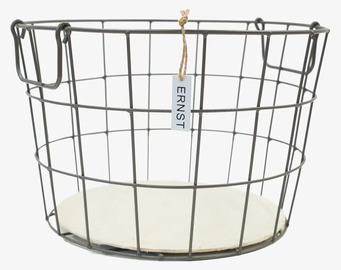 Bild av rund metallkorg med handtag och nätstruktur
