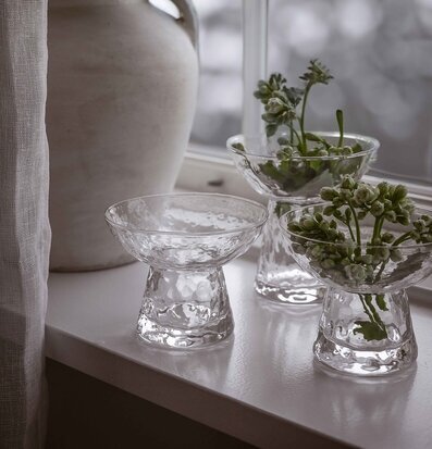 Foto: Glasvaser med gröna knoppar i fönsterljus