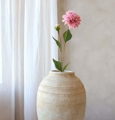 Foto: Rosa dahlia i urna med ljus gardin och vägg
