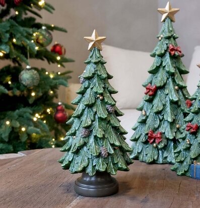 Bild: Julig bordsgran med kottar, rosetter & glitter