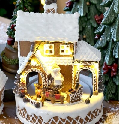Bild: Upplyst pepparkakshus med tomte och renar