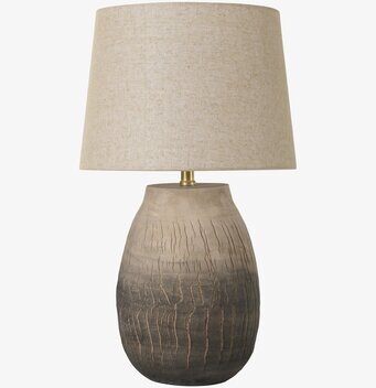 Foto av bordslampa i brun keramik med beige skärm