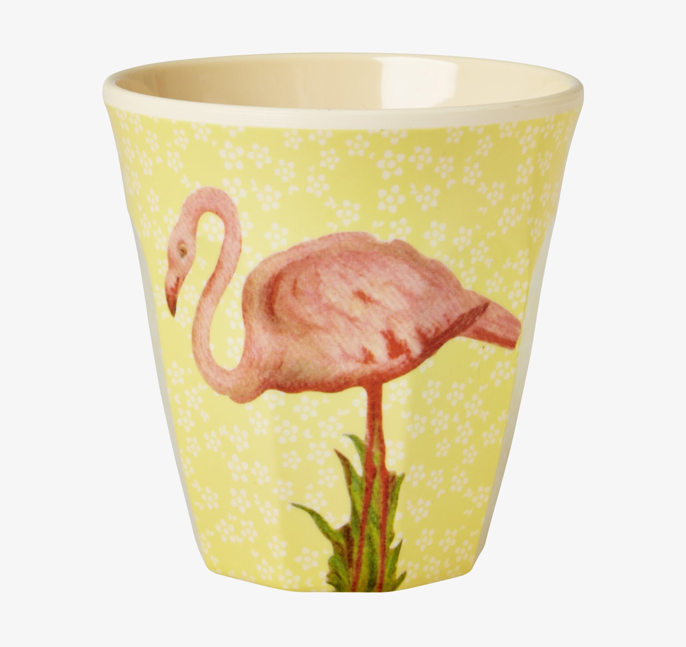 Rice Mugg Flamingo Print med gul bakgrund och rosa flamingo