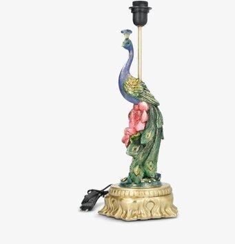 Foto: Blå påfågel-lampfot med gulddetaljer, sladd