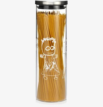 Bild av stilren glasburk med lekfull design i köket