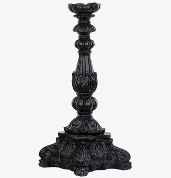 Foto: Hög svart/brun ljusstake med ornament och relief
