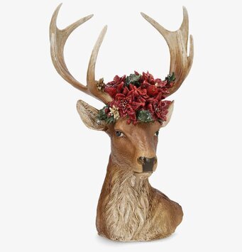 Foto: Hjortbyst med blomkrona och stora horn vit bakgrund