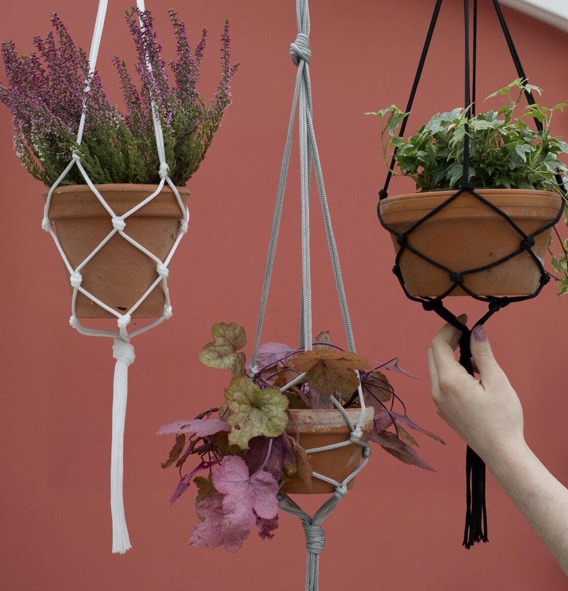 Bild av dekorativa hängkrukor med växter i makramé
