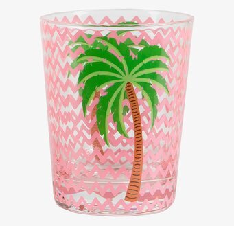 Bild av färgglatt tumblerglas med palm och rosa mönster