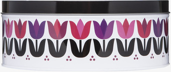 Bild av rund plåtburk med tulpanmönster och svart lock