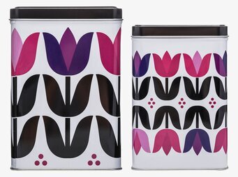 Bild på charmiga plåtburkar med tulpanmönster i färg