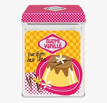 Bild av färgglad plåtburk med vaniljtema i köket