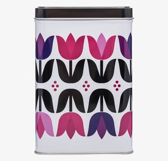 Bild av stilren och praktisk plåtburk med tulpanmönster